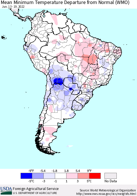 South America Mean Minimum Temperature Departure from Normal (WMO) Thematic Map For 6/13/2022 - 6/19/2022