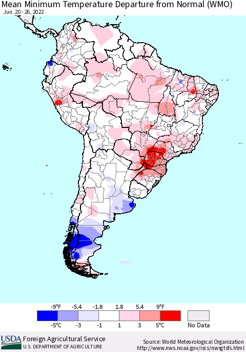 South America Mean Minimum Temperature Departure from Normal (WMO) Thematic Map For 6/20/2022 - 6/26/2022
