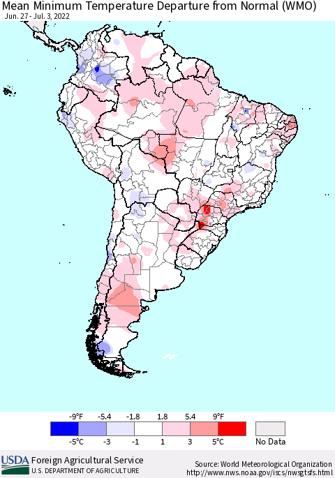 South America Mean Minimum Temperature Departure from Normal (WMO) Thematic Map For 6/27/2022 - 7/3/2022