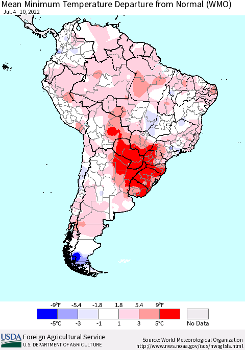 South America Mean Minimum Temperature Departure from Normal (WMO) Thematic Map For 7/4/2022 - 7/10/2022