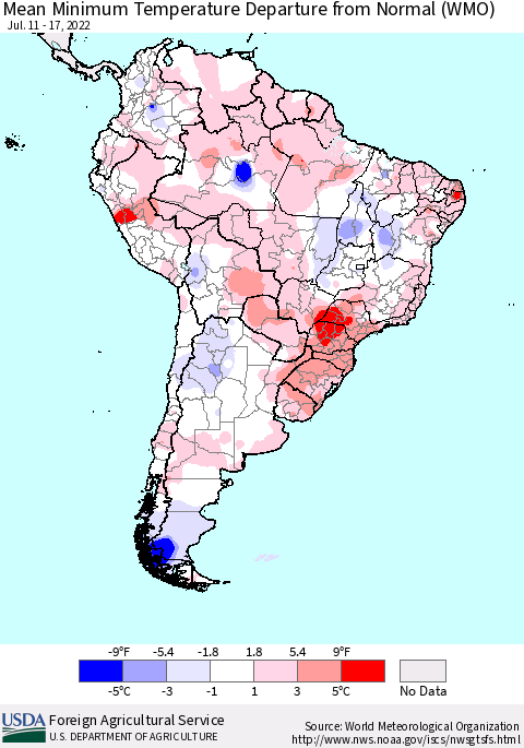 South America Mean Minimum Temperature Departure from Normal (WMO) Thematic Map For 7/11/2022 - 7/17/2022