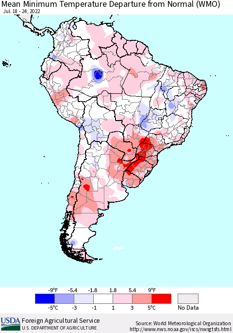 South America Mean Minimum Temperature Departure from Normal (WMO) Thematic Map For 7/18/2022 - 7/24/2022