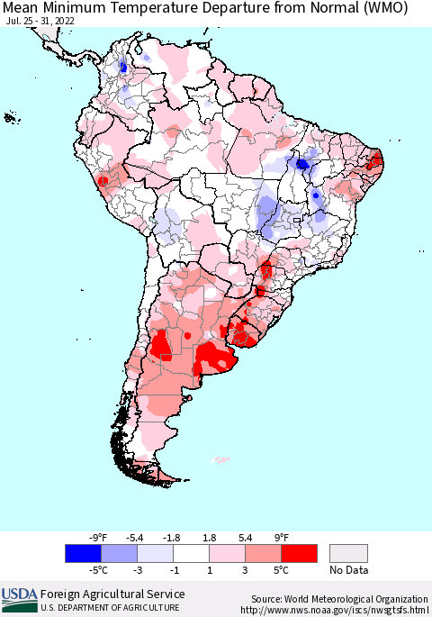 South America Mean Minimum Temperature Departure from Normal (WMO) Thematic Map For 7/25/2022 - 7/31/2022
