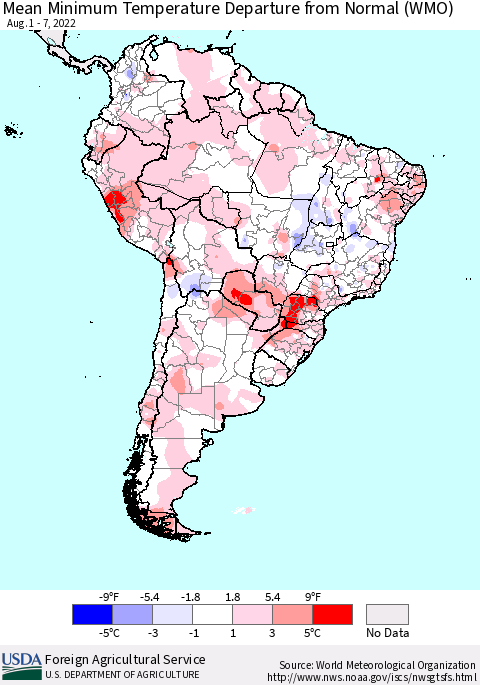 South America Mean Minimum Temperature Departure from Normal (WMO) Thematic Map For 8/1/2022 - 8/7/2022