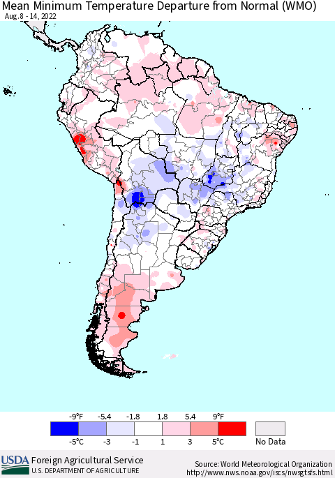 South America Mean Minimum Temperature Departure from Normal (WMO) Thematic Map For 8/8/2022 - 8/14/2022