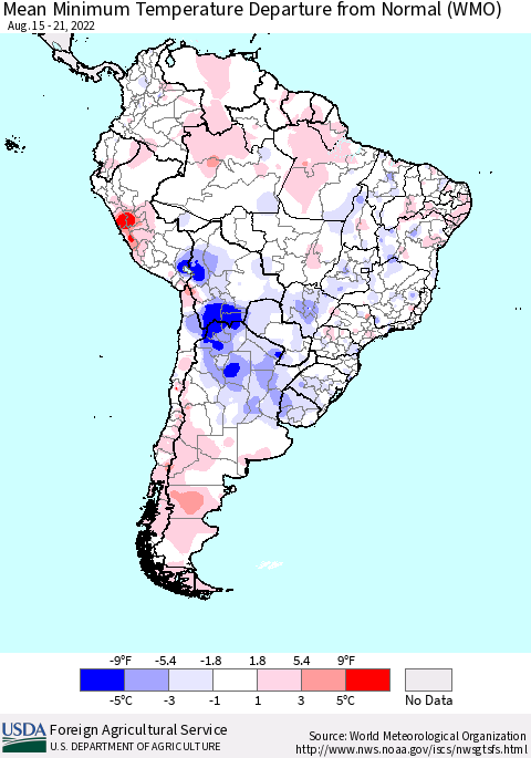 South America Mean Minimum Temperature Departure from Normal (WMO) Thematic Map For 8/15/2022 - 8/21/2022
