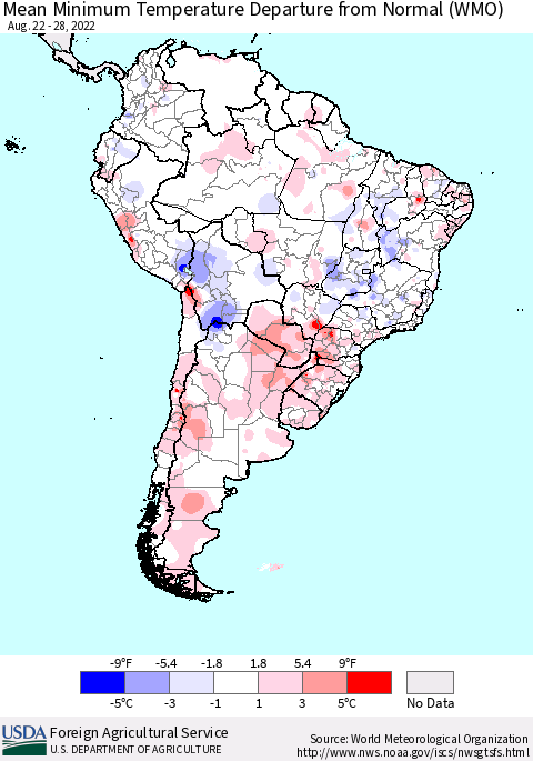 South America Mean Minimum Temperature Departure from Normal (WMO) Thematic Map For 8/22/2022 - 8/28/2022