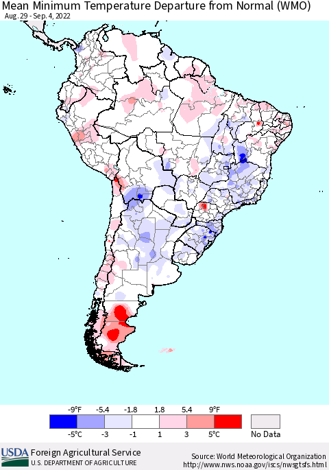 South America Mean Minimum Temperature Departure from Normal (WMO) Thematic Map For 8/29/2022 - 9/4/2022