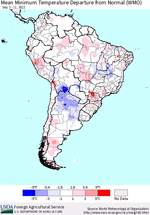 South America Mean Minimum Temperature Departure from Normal (WMO) Thematic Map For 9/5/2022 - 9/11/2022
