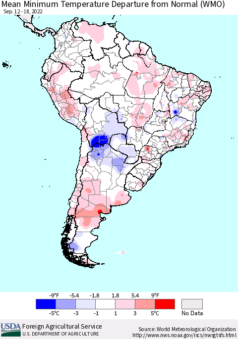 South America Mean Minimum Temperature Departure from Normal (WMO) Thematic Map For 9/12/2022 - 9/18/2022