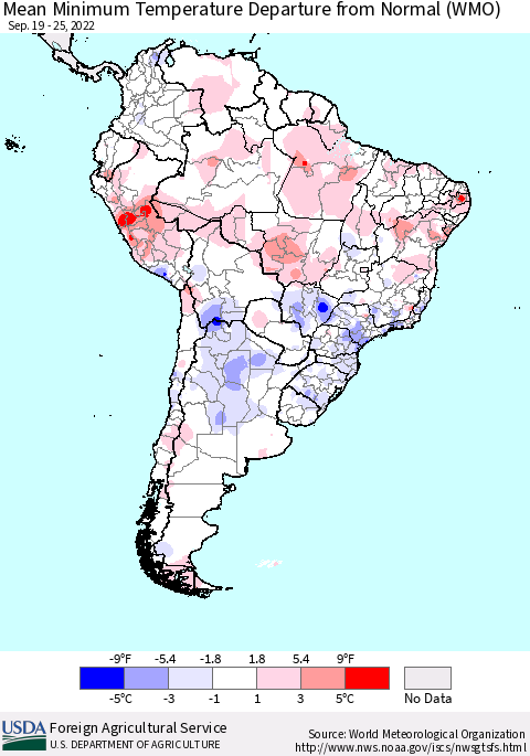 South America Mean Minimum Temperature Departure from Normal (WMO) Thematic Map For 9/19/2022 - 9/25/2022
