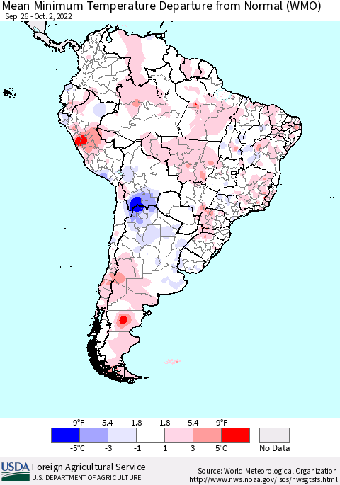 South America Mean Minimum Temperature Departure from Normal (WMO) Thematic Map For 9/26/2022 - 10/2/2022