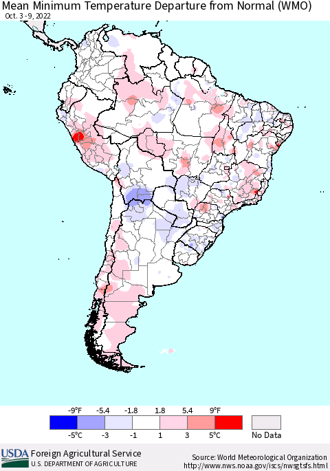 South America Mean Minimum Temperature Departure from Normal (WMO) Thematic Map For 10/3/2022 - 10/9/2022