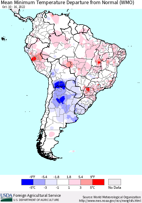 South America Mean Minimum Temperature Departure from Normal (WMO) Thematic Map For 10/10/2022 - 10/16/2022