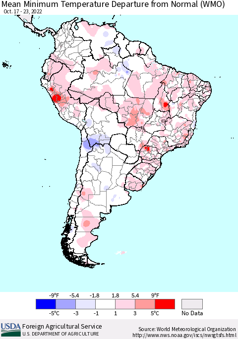 South America Mean Minimum Temperature Departure from Normal (WMO) Thematic Map For 10/17/2022 - 10/23/2022