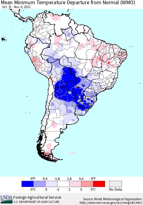 South America Mean Minimum Temperature Departure from Normal (WMO) Thematic Map For 10/31/2022 - 11/6/2022