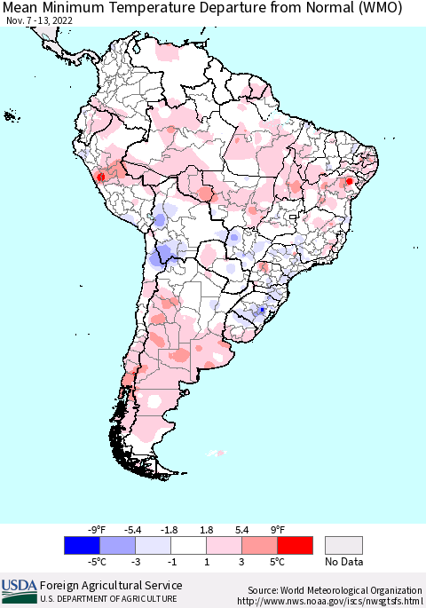 South America Mean Minimum Temperature Departure from Normal (WMO) Thematic Map For 11/7/2022 - 11/13/2022