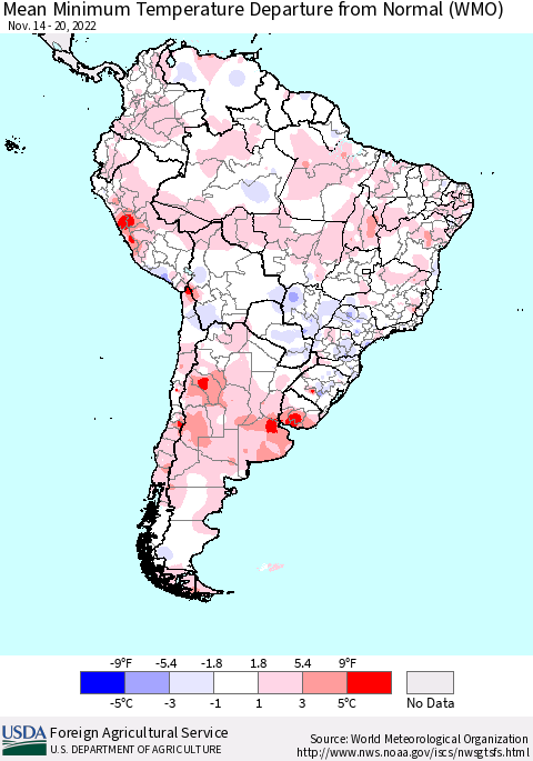 South America Mean Minimum Temperature Departure from Normal (WMO) Thematic Map For 11/14/2022 - 11/20/2022