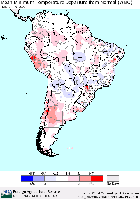 South America Mean Minimum Temperature Departure from Normal (WMO) Thematic Map For 11/21/2022 - 11/27/2022