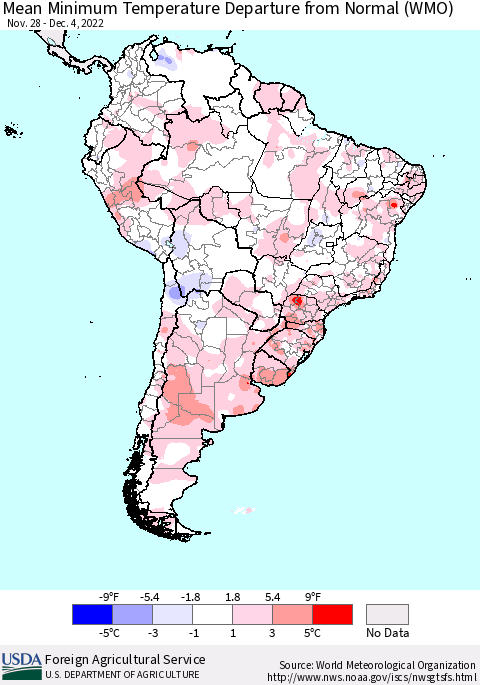 South America Mean Minimum Temperature Departure from Normal (WMO) Thematic Map For 11/28/2022 - 12/4/2022