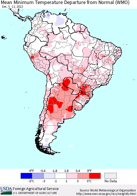 South America Mean Minimum Temperature Departure from Normal (WMO) Thematic Map For 12/5/2022 - 12/11/2022