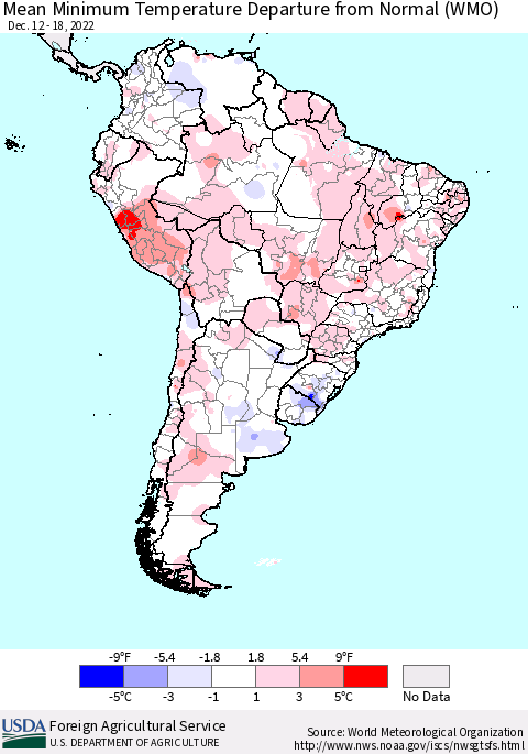 South America Mean Minimum Temperature Departure from Normal (WMO) Thematic Map For 12/12/2022 - 12/18/2022