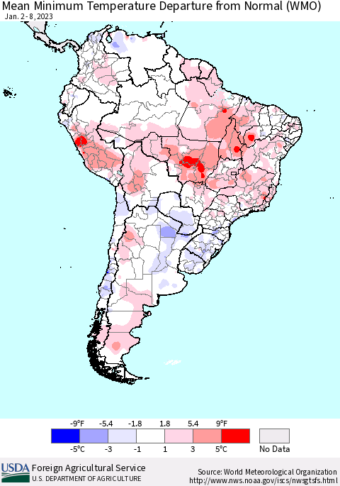 South America Mean Minimum Temperature Departure from Normal (WMO) Thematic Map For 1/2/2023 - 1/8/2023