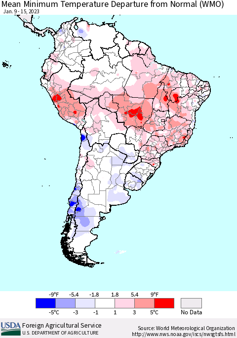 South America Mean Minimum Temperature Departure from Normal (WMO) Thematic Map For 1/9/2023 - 1/15/2023