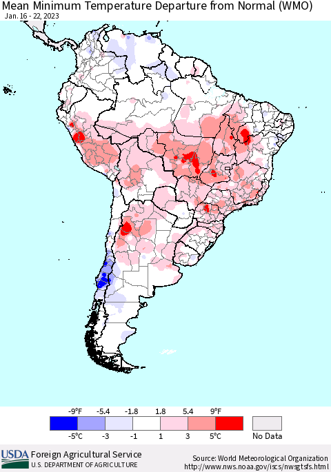 South America Mean Minimum Temperature Departure from Normal (WMO) Thematic Map For 1/16/2023 - 1/22/2023