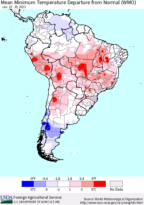 South America Mean Minimum Temperature Departure from Normal (WMO) Thematic Map For 1/23/2023 - 1/29/2023