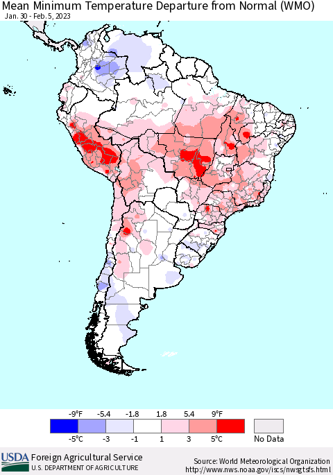 South America Mean Minimum Temperature Departure from Normal (WMO) Thematic Map For 1/30/2023 - 2/5/2023