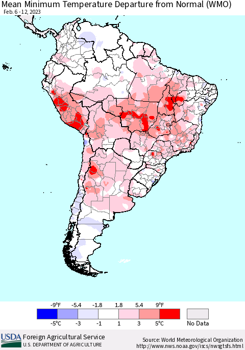South America Mean Minimum Temperature Departure from Normal (WMO) Thematic Map For 2/6/2023 - 2/12/2023