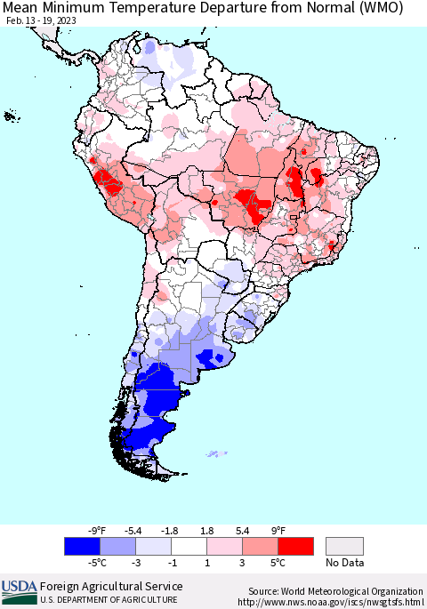 South America Mean Minimum Temperature Departure from Normal (WMO) Thematic Map For 2/13/2023 - 2/19/2023