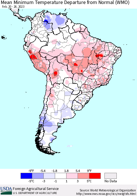South America Mean Minimum Temperature Departure from Normal (WMO) Thematic Map For 2/20/2023 - 2/26/2023