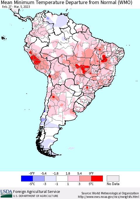 South America Mean Minimum Temperature Departure from Normal (WMO) Thematic Map For 2/27/2023 - 3/5/2023