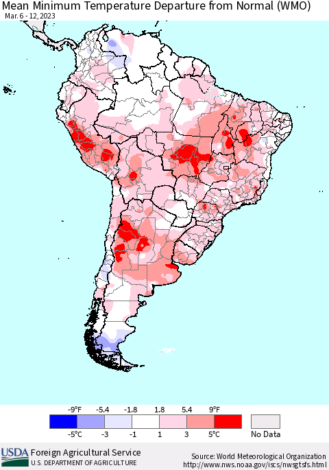 South America Mean Minimum Temperature Departure from Normal (WMO) Thematic Map For 3/6/2023 - 3/12/2023