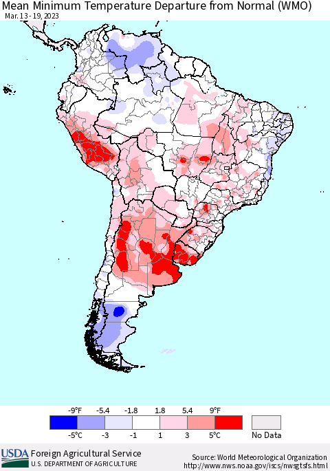 South America Mean Minimum Temperature Departure from Normal (WMO) Thematic Map For 3/13/2023 - 3/19/2023