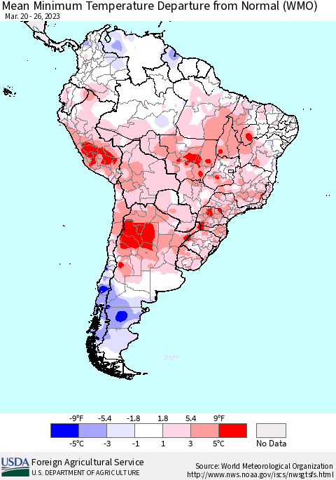 South America Mean Minimum Temperature Departure from Normal (WMO) Thematic Map For 3/20/2023 - 3/26/2023
