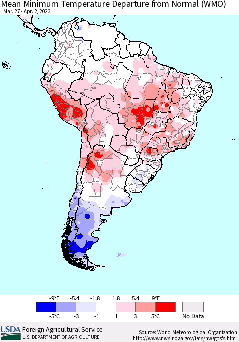 South America Mean Minimum Temperature Departure from Normal (WMO) Thematic Map For 3/27/2023 - 4/2/2023