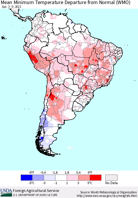 South America Mean Minimum Temperature Departure from Normal (WMO) Thematic Map For 4/3/2023 - 4/9/2023