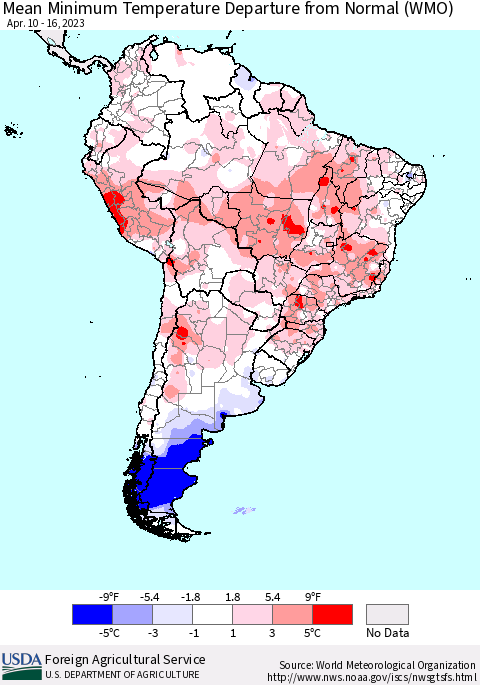 South America Mean Minimum Temperature Departure from Normal (WMO) Thematic Map For 4/10/2023 - 4/16/2023