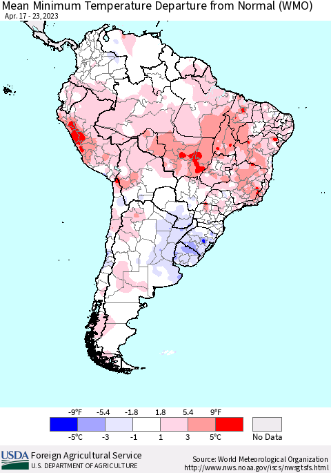South America Mean Minimum Temperature Departure from Normal (WMO) Thematic Map For 4/17/2023 - 4/23/2023