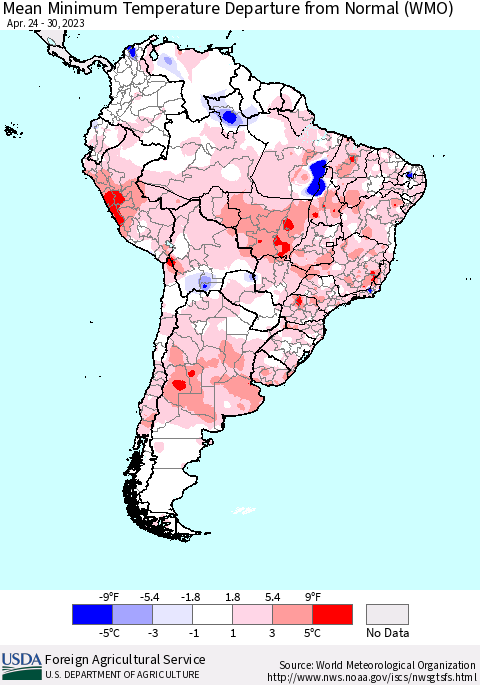 South America Mean Minimum Temperature Departure from Normal (WMO) Thematic Map For 4/24/2023 - 4/30/2023