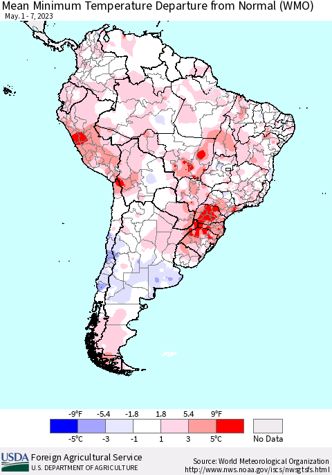 South America Mean Minimum Temperature Departure from Normal (WMO) Thematic Map For 5/1/2023 - 5/7/2023