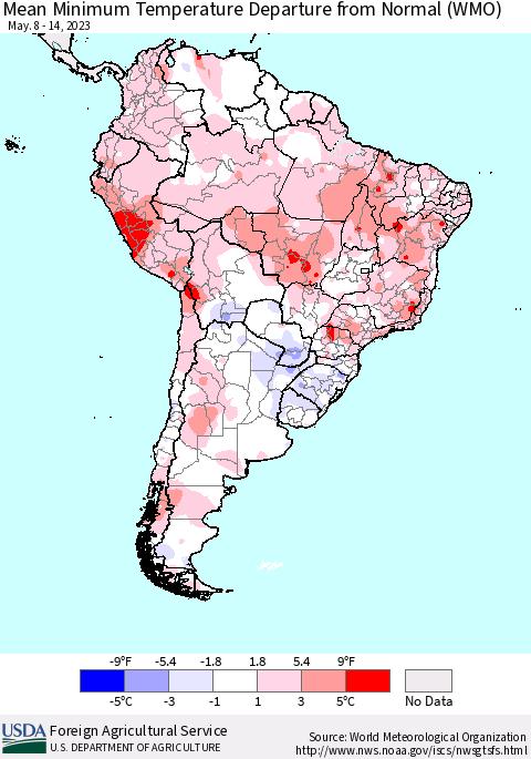South America Mean Minimum Temperature Departure from Normal (WMO) Thematic Map For 5/8/2023 - 5/14/2023