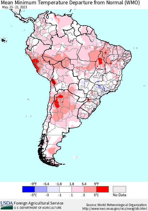 South America Mean Minimum Temperature Departure from Normal (WMO) Thematic Map For 5/15/2023 - 5/21/2023