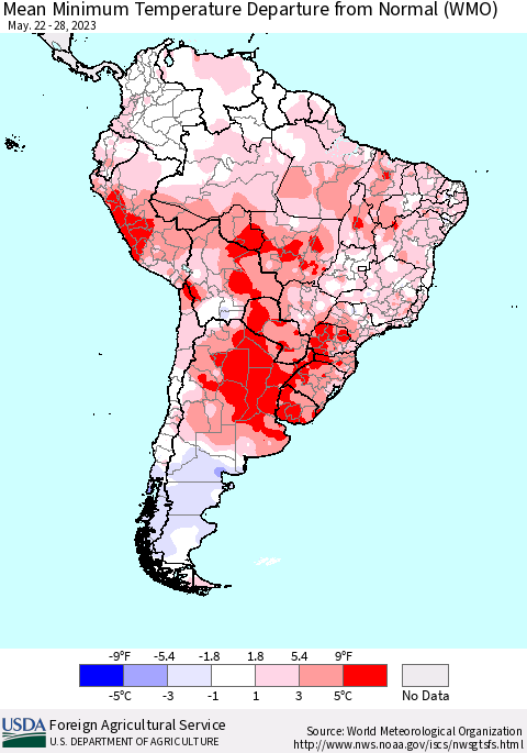 South America Mean Minimum Temperature Departure from Normal (WMO) Thematic Map For 5/22/2023 - 5/28/2023