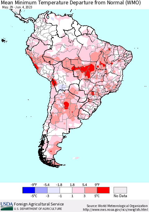 South America Mean Minimum Temperature Departure from Normal (WMO) Thematic Map For 5/29/2023 - 6/4/2023
