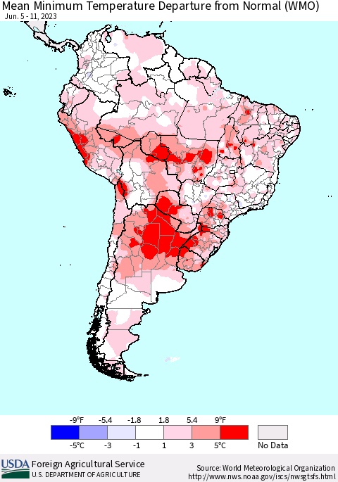 South America Mean Minimum Temperature Departure from Normal (WMO) Thematic Map For 6/5/2023 - 6/11/2023