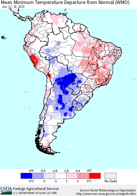 South America Mean Minimum Temperature Departure from Normal (WMO) Thematic Map For 6/12/2023 - 6/18/2023
